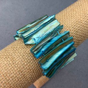 Turquoise MOP Bracelet Shell Stretch Chunky Organic Iridescent Beachy Retro BoHo